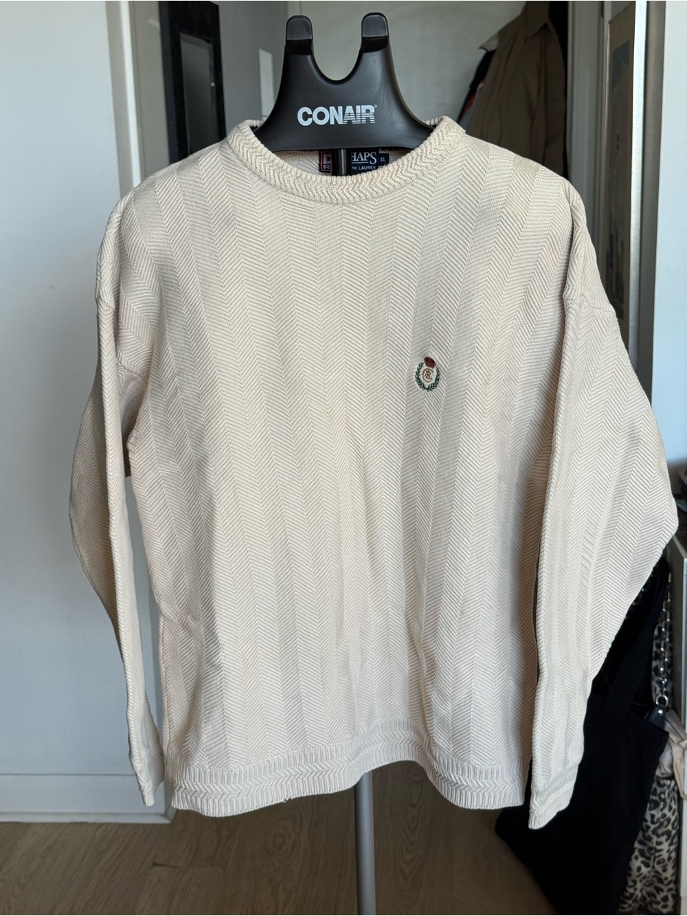 VTG 90s Chaps Ralph Lauren Hand Framed Herringbone Knit Crest Cream Sweater XL